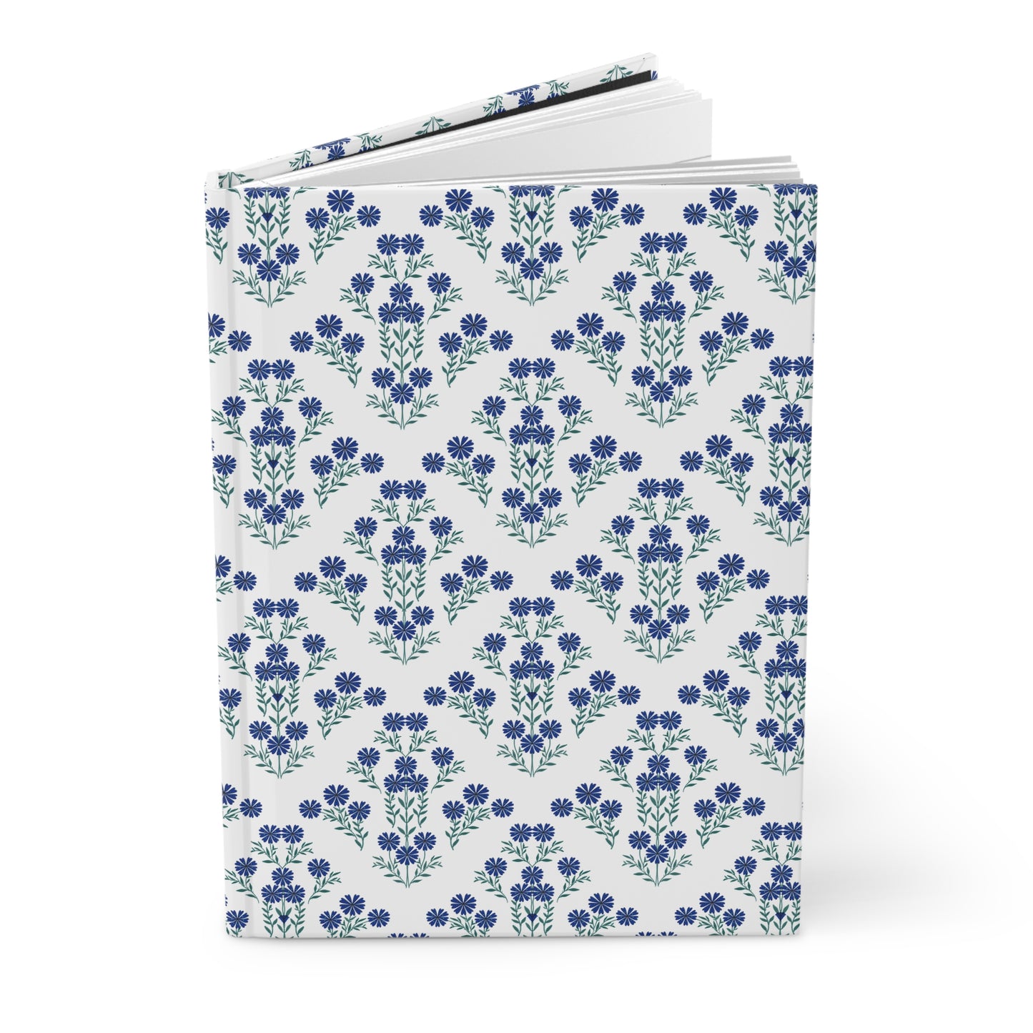 HARDCOVER JOURNAL, MATTE, RULED, 5X7, SEWN BIND, CLEAN-TEAR PAGES – INDIGO DAISY features a white cover adorned with a seamless pattern of blue flowers, showcasing its elegant, durable design for uplifting daily use.