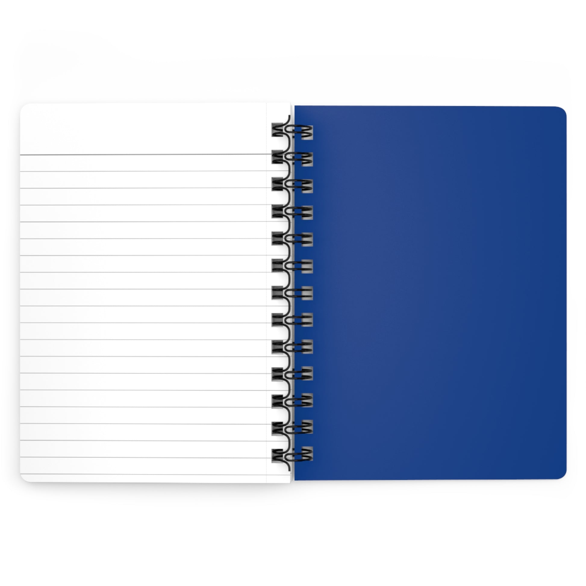 SPIRAL JOURNAL, DURABLE GLOSSY COVER, RULED, 5X7, PASTEL FIELD 002 features a blank lined page and a solid blue cover, bound with a sturdy black metal spiral, perfect for smooth writing.