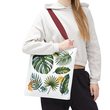 Tropical Leaves Tote Bag showcasing a vibrant leaf pattern, emphasizing a fresh, summery style. Ideal for carrying essentials, it embodies FireBrook Designs' commitment to joyful, stylish, and eco-conscious living.