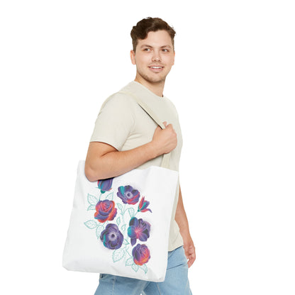 Vibrant Rose, Anemone, Lily Silhouettes Neon Floral Tote Bag features striking floral designs in neon hues against dark gray, perfect for stylishly carrying essentials, reflecting FireBrook Essentials' uplifting and joyful ethos.