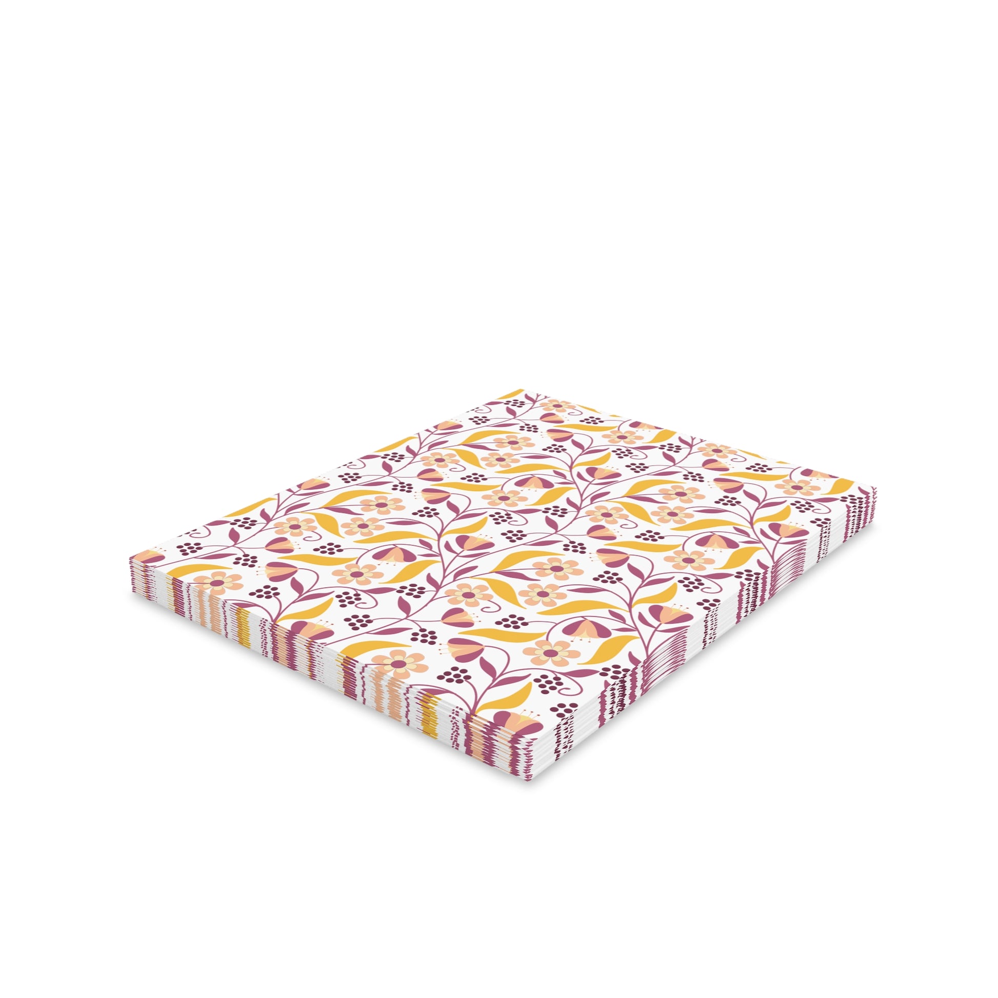 Floral Greeting Cards — Pack of 8/16/24 featuring a cheerful, vine-and-flower pattern in warm tones, stacked neatly. Each matte-finish card is folded with a matching white envelope, ready for your message.