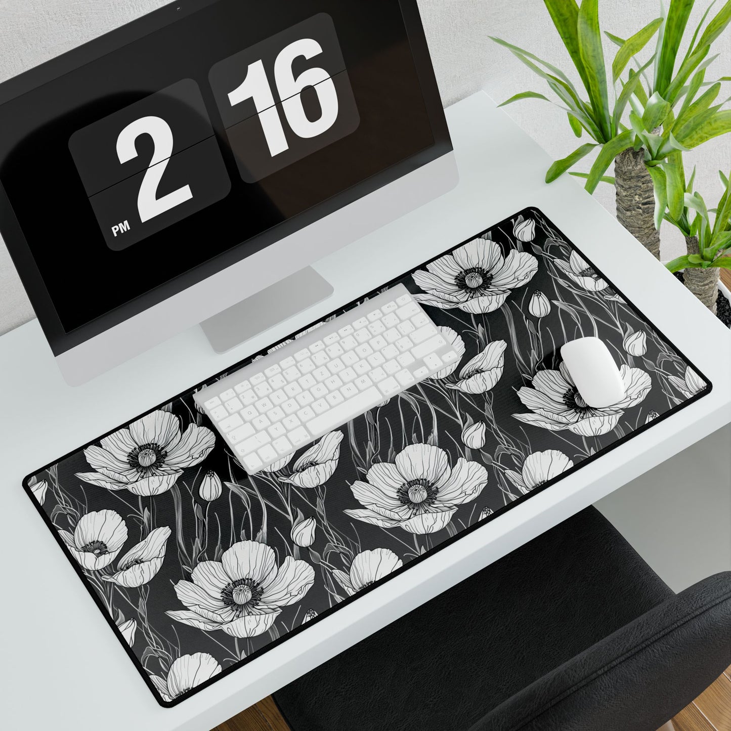 Monochrome Poppies Floral Desk Mat: A sleek desk pad showcasing intricate black-and-white poppy line art, ideal for enhancing any workspace with elegance and functionality. Perfect gift for her.