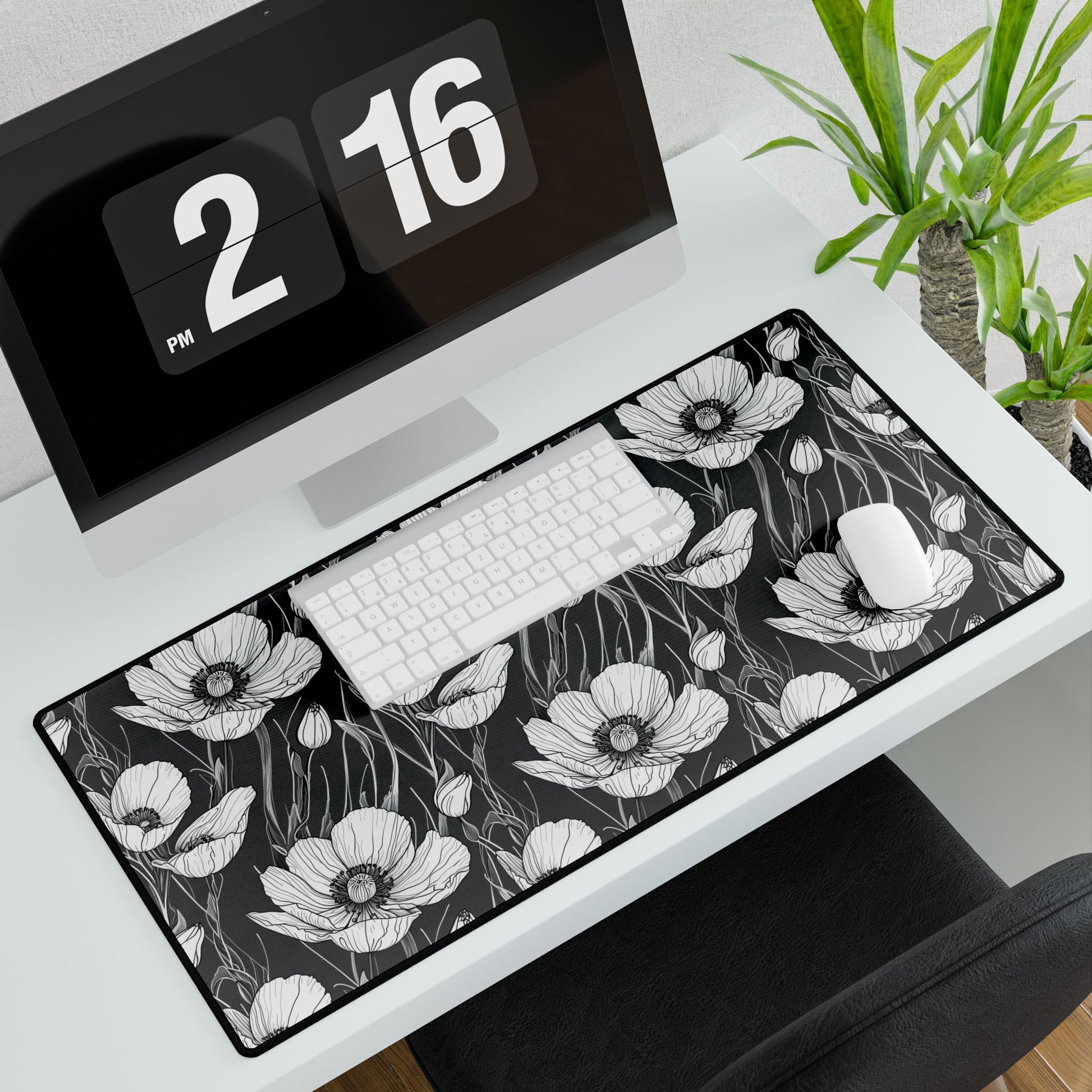 Monochrome Poppies Floral Desk Mat: A sleek desk pad showcasing intricate black-and-white poppy line art, ideal for enhancing any workspace with elegance and functionality. Perfect gift for her.