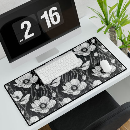 Monochrome Poppies Floral Desk Mat: A sleek desk pad showcasing intricate black-and-white poppy line art, ideal for enhancing any workspace with elegance and functionality. Perfect gift for her.