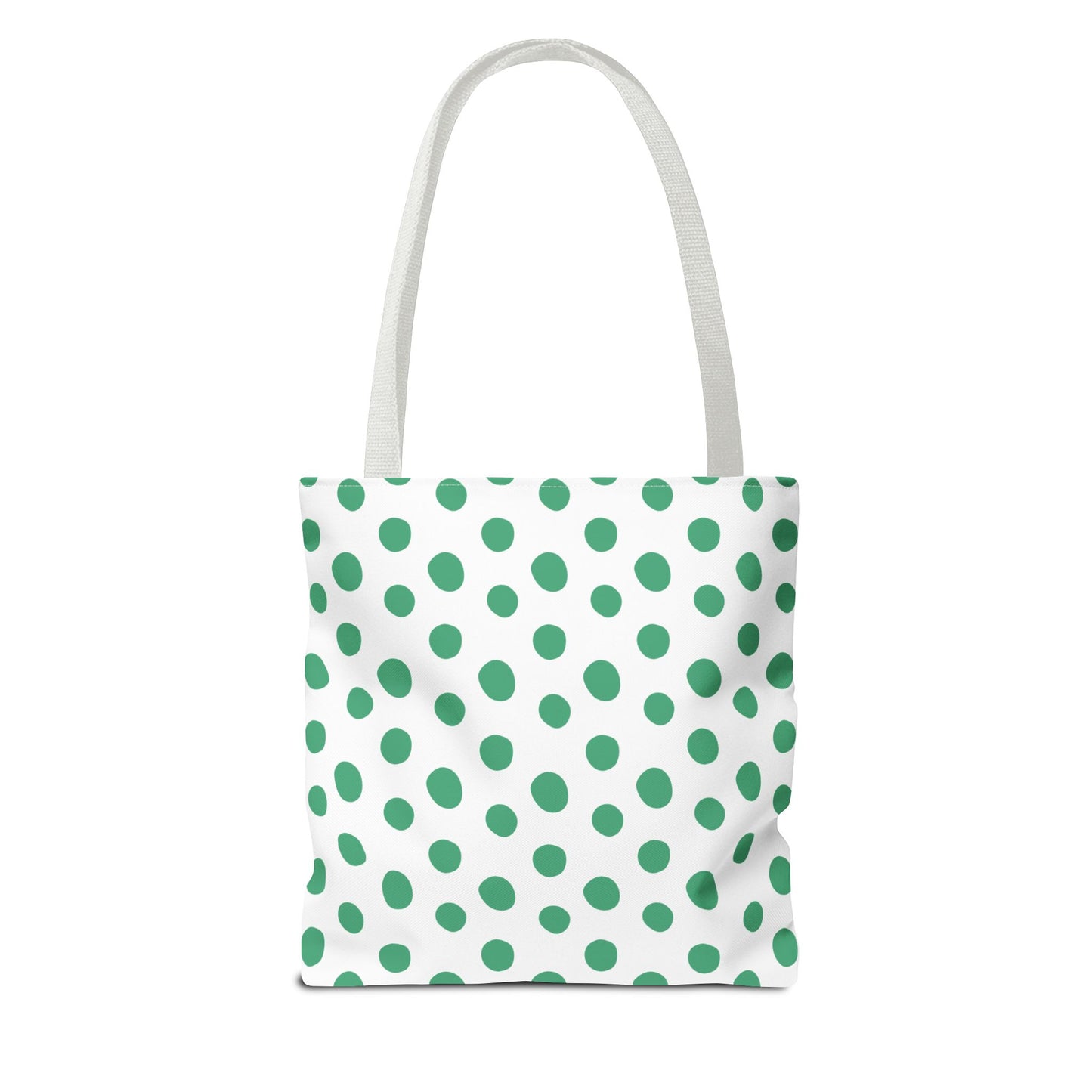 Green Polka Dots Tote Bag: A cheerful accessory featuring green polka dots and white handles, ideal for adding a vibrant touch to everyday outfits, perfect for spring and summer outings.