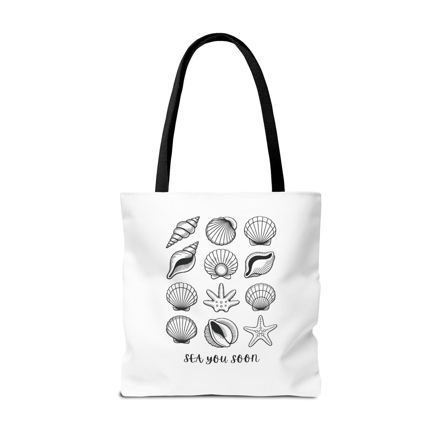 Sea Shells Tote Bag showcasing a beachy design, crafted from durable polyester with reinforced stitching, ideal for seaside trips. Features boxed corners and long handles, embodying FireBrook Essentials' blend of style and functionality.