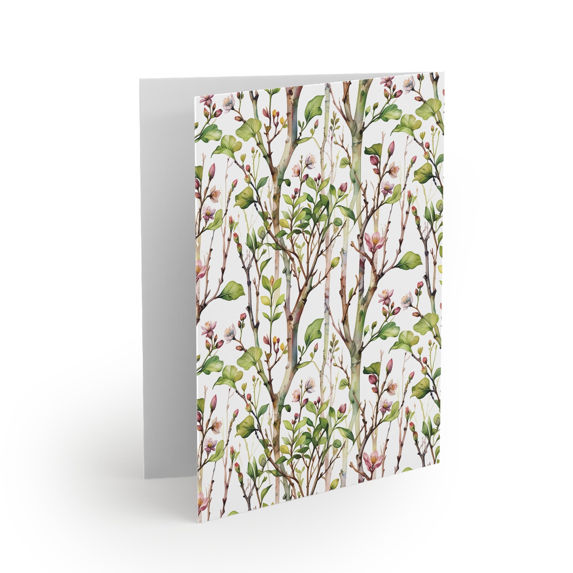 Greeting Cards — Pack of 8/16/24 feature a delicate watercolor botanical motif with green leaves and pink blossoms on a white background, embodying FireBrook Designs' uplifting and joyful aesthetic.