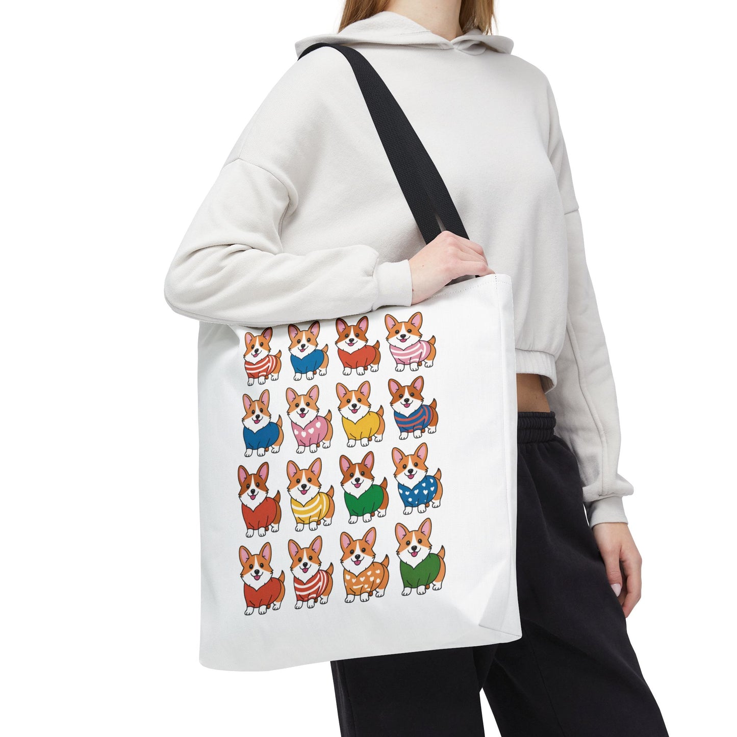 Corgi Grid Tote Bag - Cheerful Cartoon Style Dog Lover Shoulder Bag features cute corgis in outfits, offering a whimsical, durable accessory for everyday use, available in three sizes.