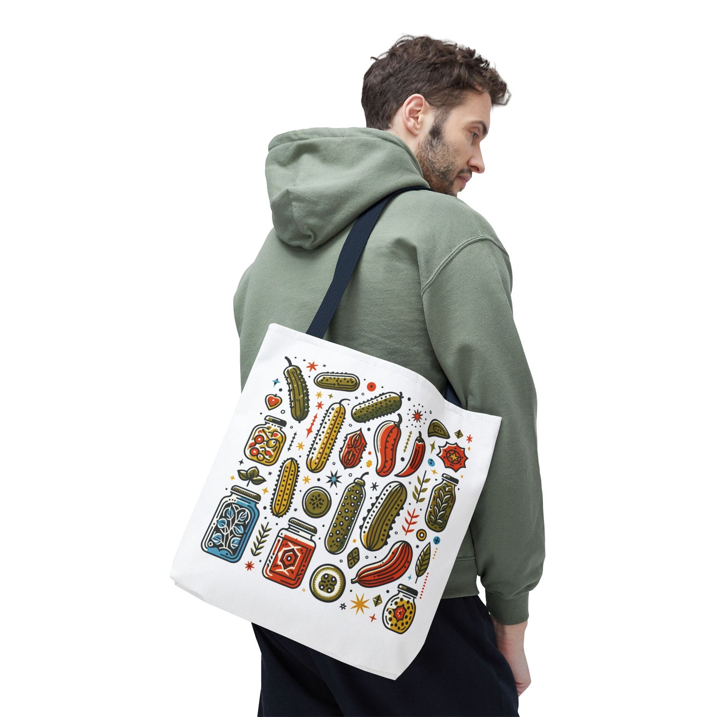 Grocery Tote Bags - Eco-Friendly Reusable Shopping Tote Set features durable 100% polyester material, reinforced handles, and boxed corners for extra space, available in three sizes and five handle colors.