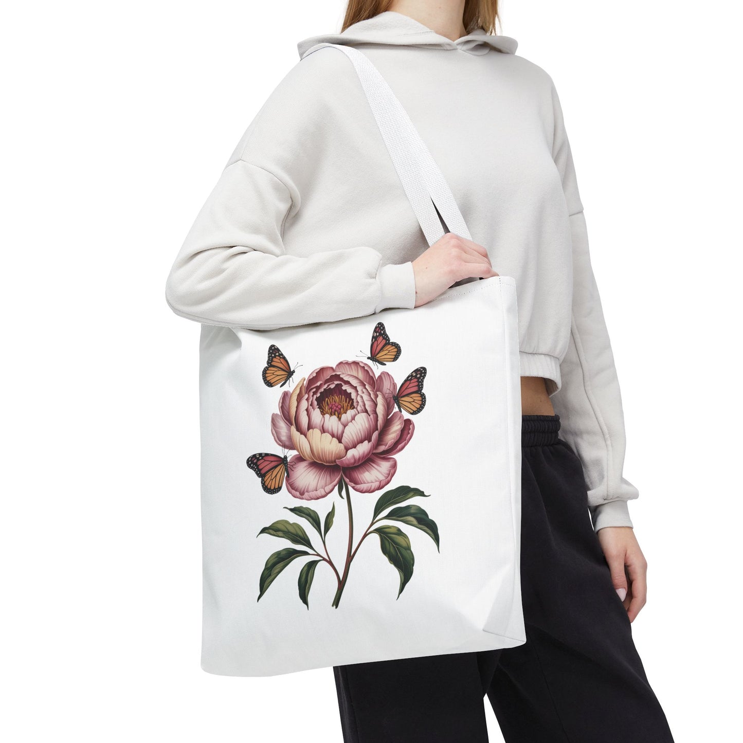Botanical with Vintage-Inspired Illustration Tote Bag showcasing vibrant flowers, intricate leaves, and butterflies, perfect for nature lovers seeking stylish, durable accessories for shopping, beach trips, and casual outings.