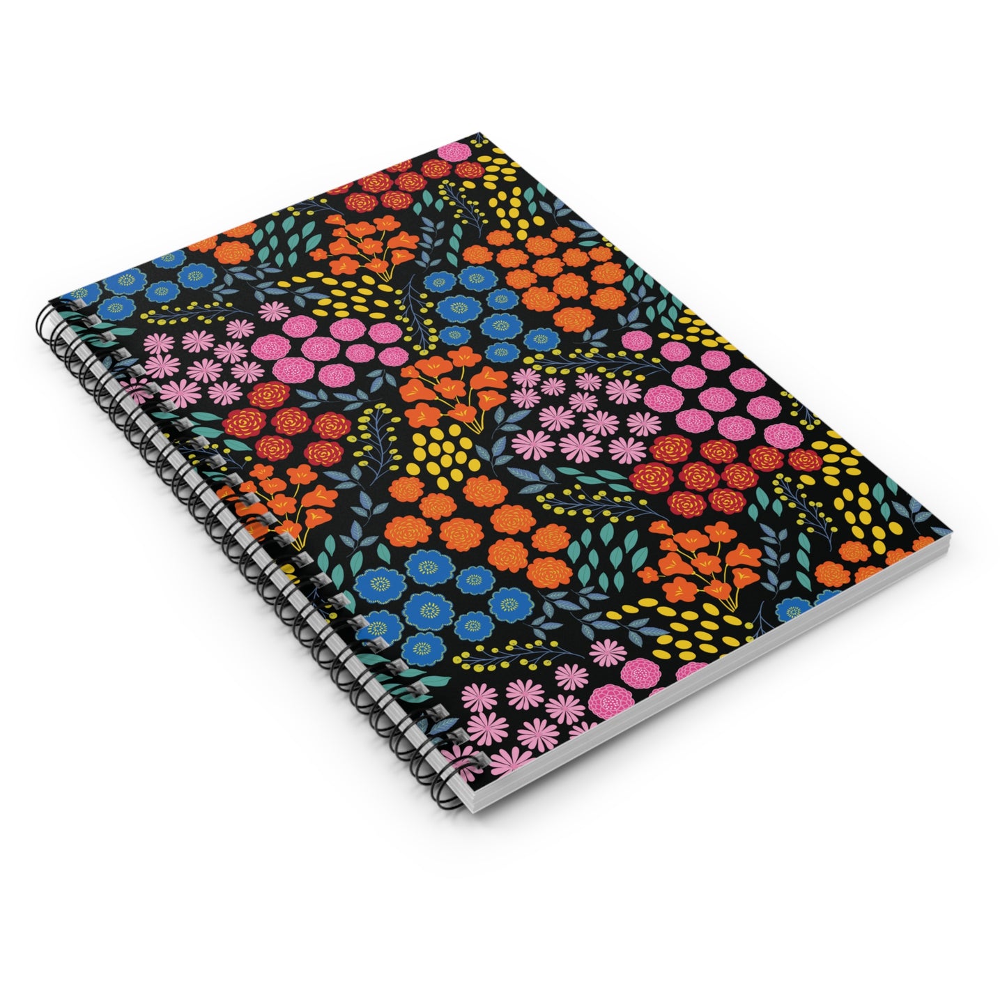 Floral Spiral Notebook featuring vibrant flower and foliage patterns against a black cover, showcasing FireBrook Designs' uplifting style. Ideal for creative journaling and note-taking with eco-friendly, smooth-turning pages.