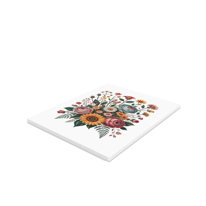 Flower Bouquet Greeting Cards — Pack of 8/16/24 showcases a vibrant floral illustration featuring sunflowers, roses, daisies, and wildflowers, set against a white background, embodying cheerful elegance by FireBrook Designs.