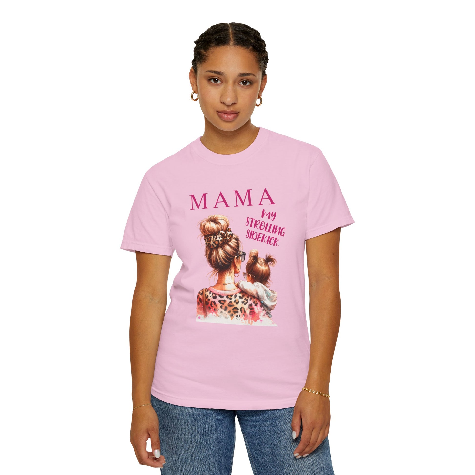 MAMA - My Strolling Sidekick T-Shirt: Unisex garment-dyed tee with 'MAMA - My Strolling Sidekick' design, offering a relaxed fit and classic crew neckline, perfect for celebrating mother-child bonds.