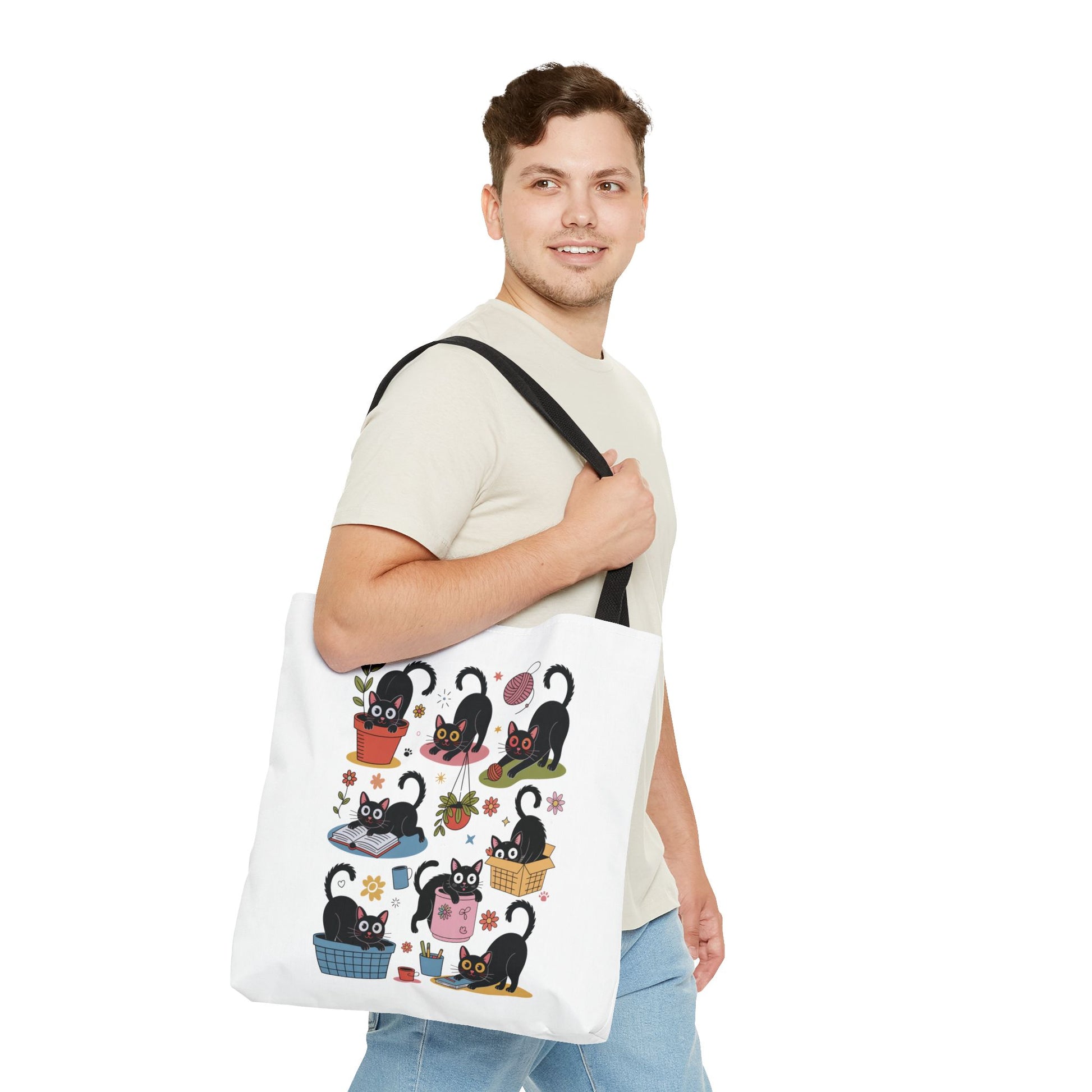 Cat Tote Bag - Curious Cat Design features a whimsical cat illustration, ideal for errands or beach days. Durable polyester, reinforced handles, and boxed corners offer practicality and style for animal enthusiasts.
