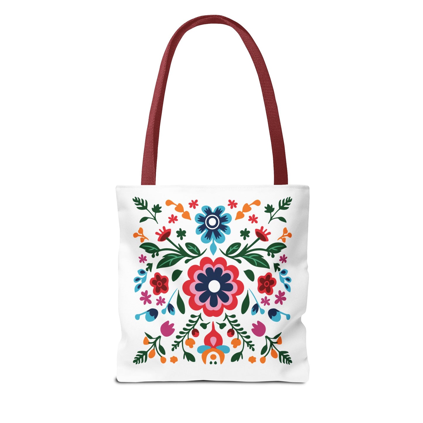 Floral Tote Bag featuring vibrant flowers on a white background, with a sturdy red strap. Ideal for daily use, blending style and functionality.