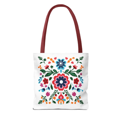 Floral Tote Bag featuring vibrant flowers on a white background, with a sturdy red strap. Ideal for daily use, blending style and functionality.