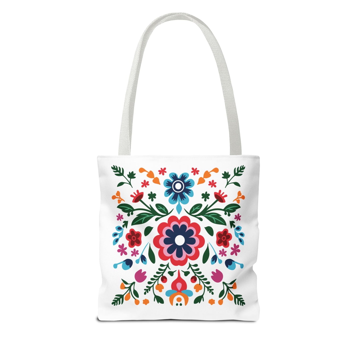 Floral Tote Bag: A white bag with colorful floral patterns, ideal for stylish, everyday use.