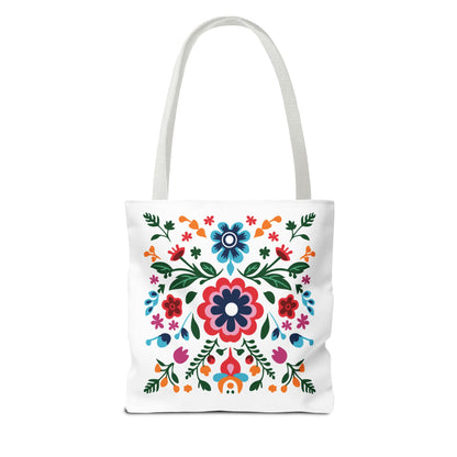 Floral Tote Bag: A white bag with colorful floral patterns, ideal for stylish, everyday use.