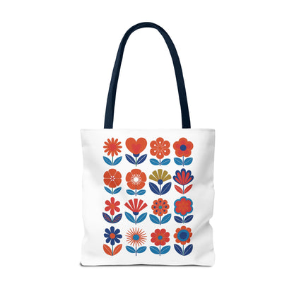 Floral Tote Bag with mid-century modern floral design, showcasing reinforced handles and boxed corners for durability and style. Ideal for everyday use, available in multiple sizes, from FireBrook Essentials.