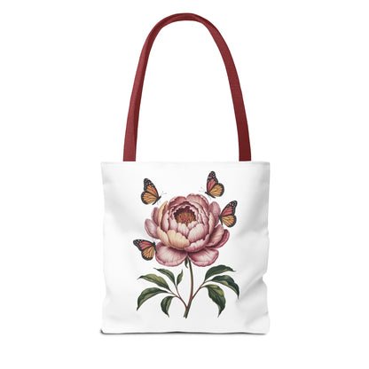 Botanical with Vintage-Inspired Illustration Tote Bag showcasing vibrant flowers, intricate leaves, and fluttering butterflies. Perfect for nature lovers, this elegant design adds whimsy and style to everyday essentials.