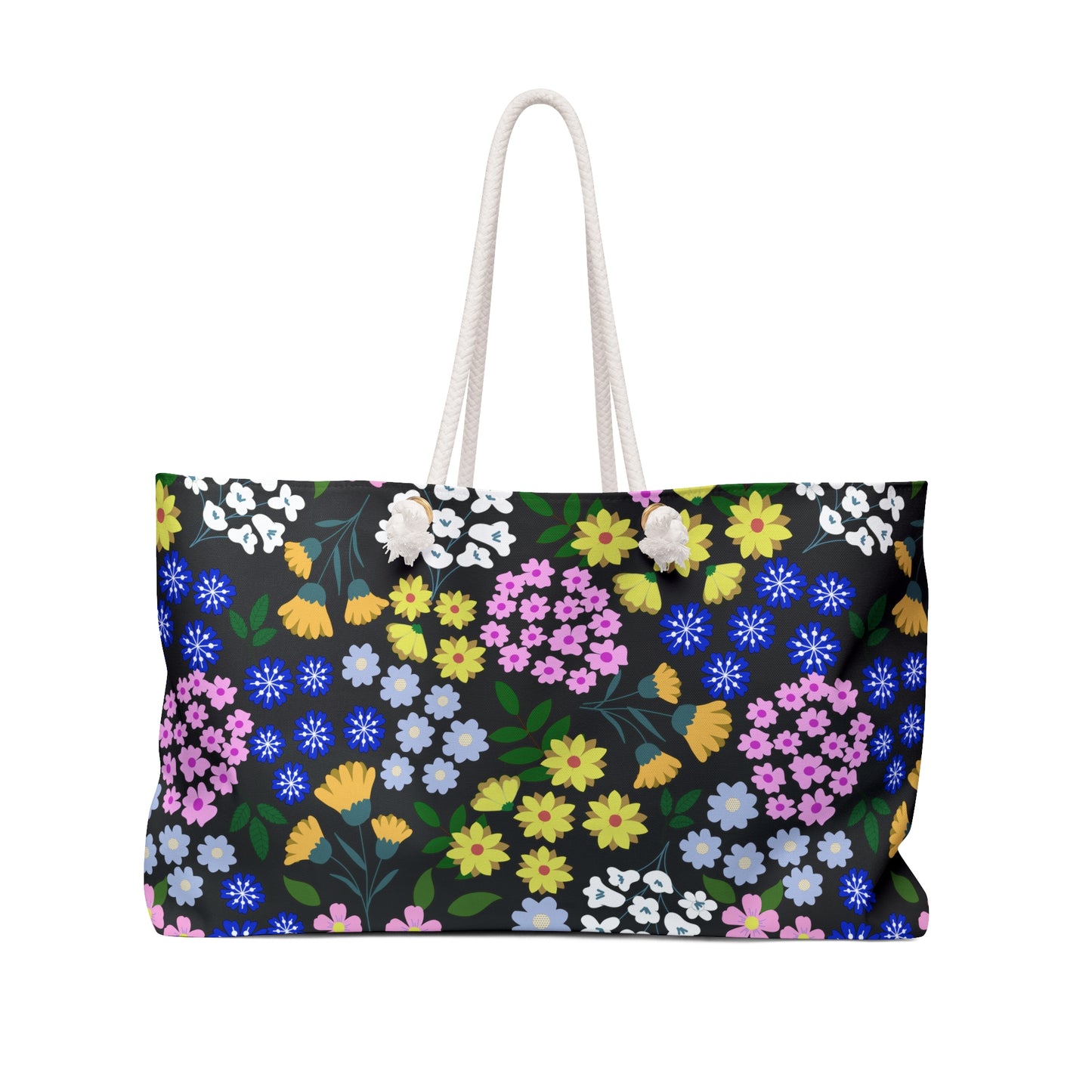 Weekender Bag with white rope handles and vibrant floral pattern, ideal for stylish travel. Features spun polyester material, cream interior, and T-bottom design for ample storage. Perfect for joyful getaways.