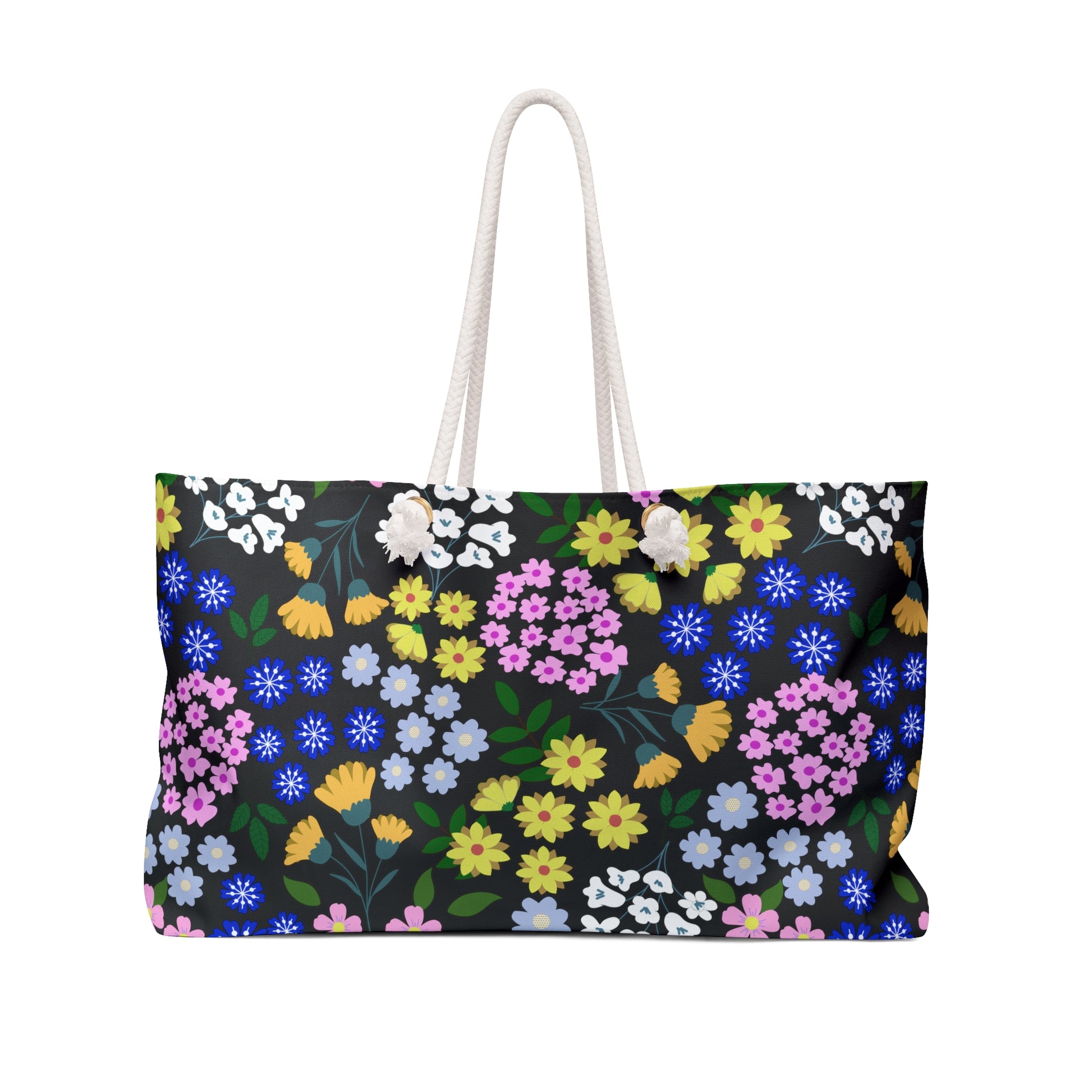 Weekender Bag with white rope handles and vibrant floral pattern, ideal for stylish travel. Features spun polyester material, cream interior, and T-bottom design for ample storage. Perfect for joyful getaways.