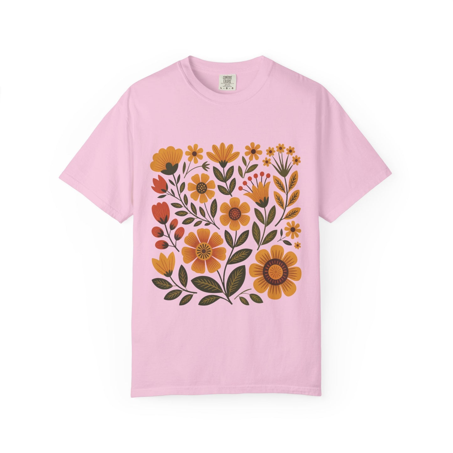 Folk Art in Warm Yellows Floral T-Shirt featuring an artistic floral design in earthy tones, perfect for casual or artistic occasions. Made from soft ring-spun cotton with a relaxed fit.