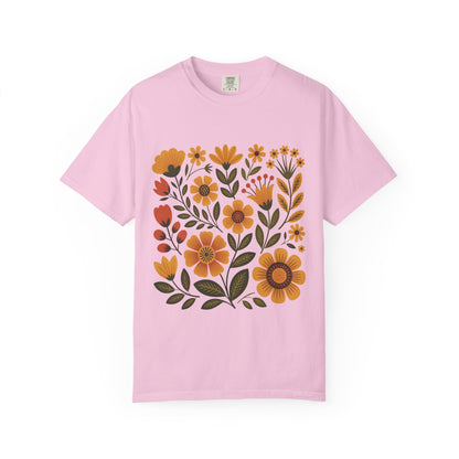 Folk Art in Warm Yellows Floral T-Shirt featuring an artistic floral design in earthy tones, perfect for casual or artistic occasions. Made from soft ring-spun cotton with a relaxed fit.