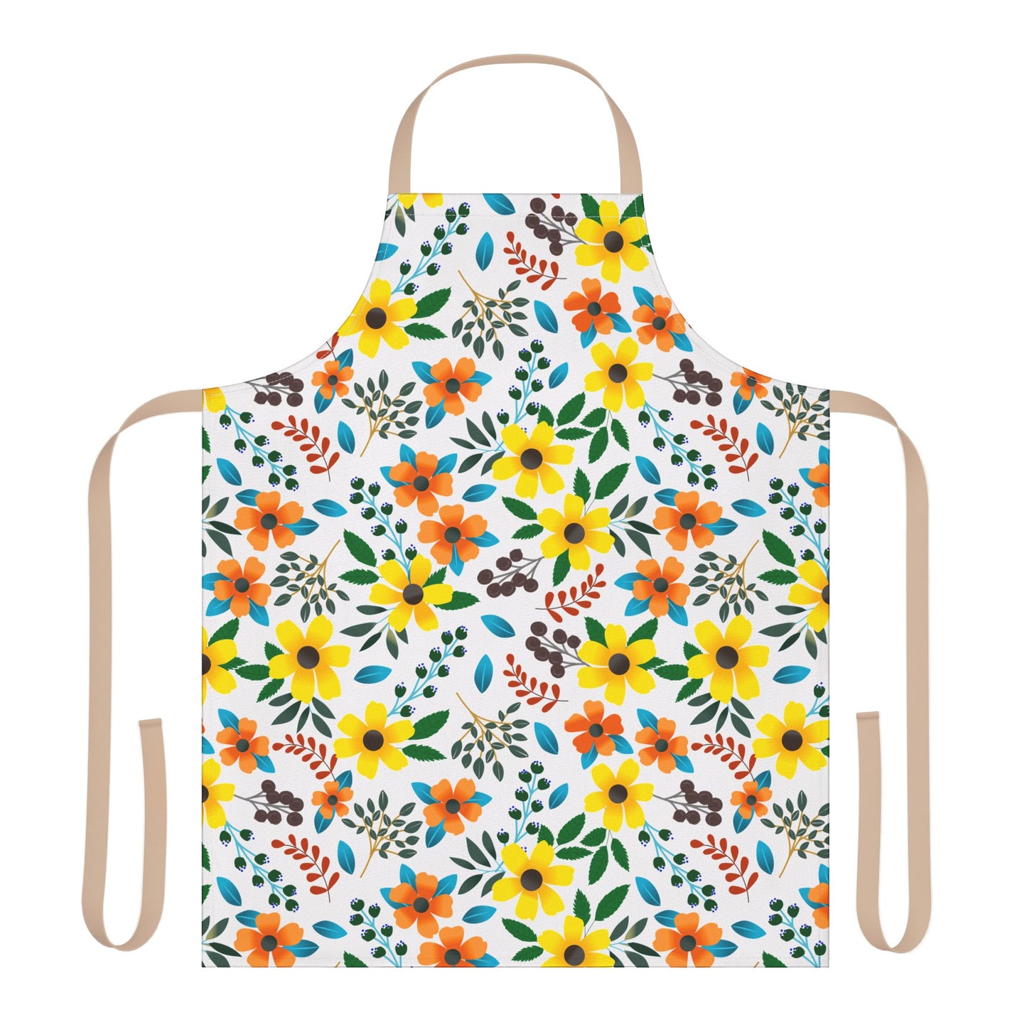 Floral Apron features a vibrant floral pattern with yellow and orange blossoms, green leaves, and blue berries. Made from soft polyester canvas, it offers comfort and style for cooking or crafting.