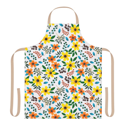 Floral Apron features a vibrant floral pattern with yellow and orange blossoms, green leaves, and blue berries. Made from soft polyester canvas, it offers comfort and style for cooking or crafting.
