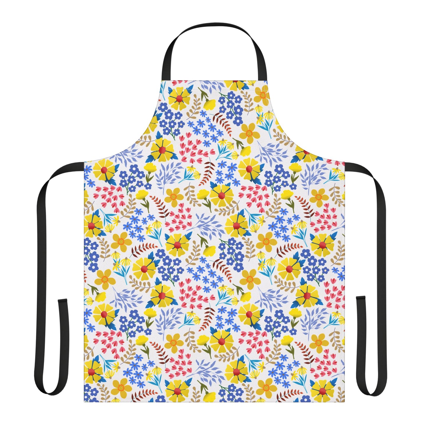 Apron Floral Design from FireBrook Essentials features a white background adorned with vibrant flowers and leaves, complemented by black straps. Perfect for enhancing your cooking or crafting experience with style and comfort.