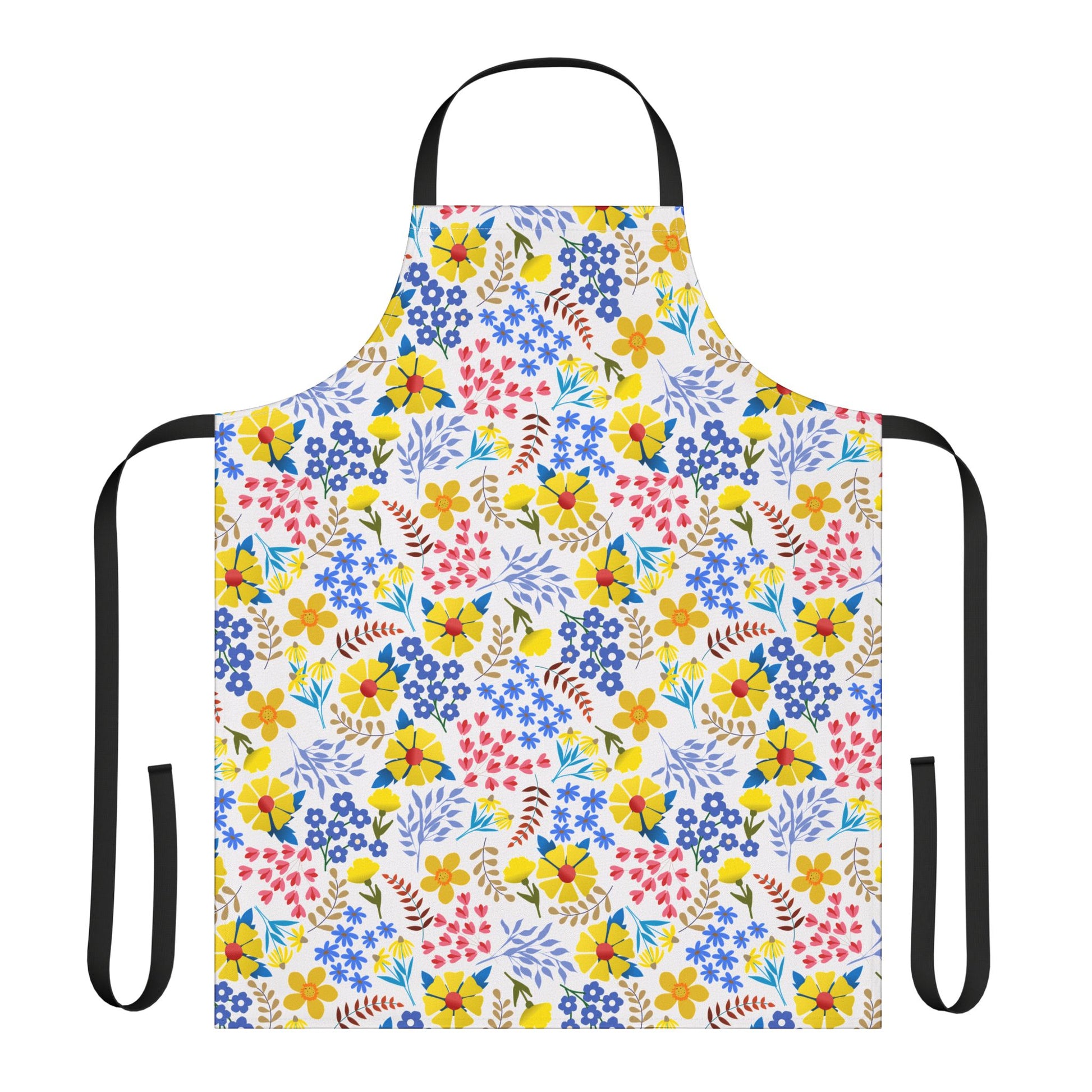 Apron Floral Design from FireBrook Essentials features a white background adorned with vibrant flowers and leaves, complemented by black straps. Perfect for enhancing your cooking or crafting experience with style and comfort.