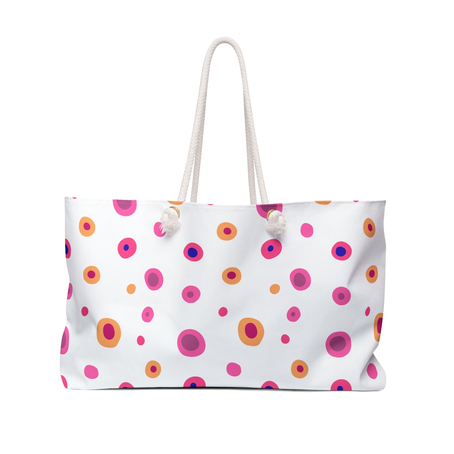 Travel Bag Yellow and Pink Circles features a vibrant design with pink and orange circles, a white pom, and durable rope handles, ideal for cheerful, stylish getaways.
