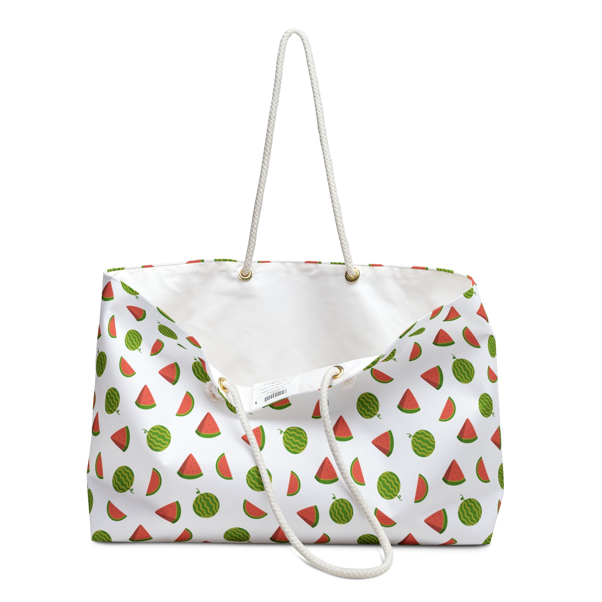 Watermelon Confetti Pattern Weekender Bag – Fun Summer Travel Tote, featuring vibrant pinks, greens, and seed-inspired dots. Lightweight with durable rope handles, this spacious tote is perfect for joyful, stylish getaways.