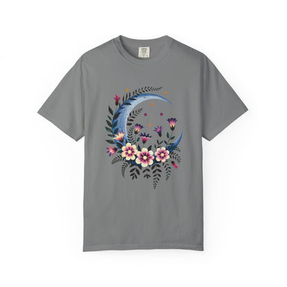 Crescent Moon Floral T-Shirt with relaxed fit and crew neckline, displaying a bohemian design that epitomizes FireBrook Essentials' commitment to stylish, comfortable apparel perfect for casual gatherings and special occasions.