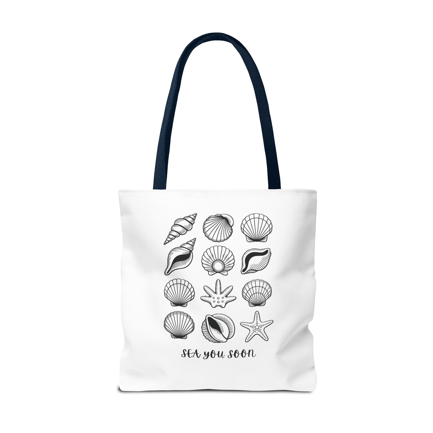 Sea Shells Tote Bag showcasing a nautical theme with durable polyester fabric and reinforced stitching, perfect for beach outings. Ideal for carrying essentials, embodying FireBrook Essentials' focus on stylish, uplifting designs.