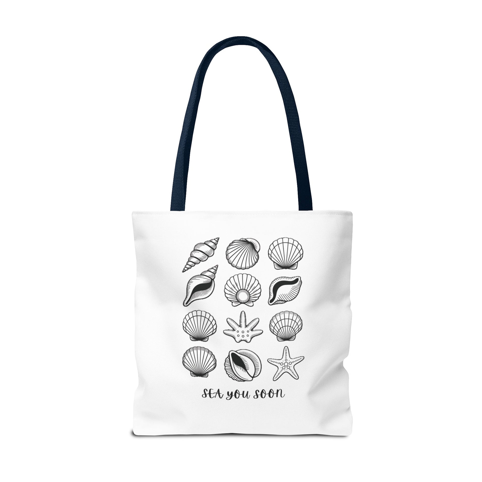 Sea Shells Tote Bag showcasing a nautical theme with durable polyester fabric and reinforced stitching, perfect for beach outings. Ideal for carrying essentials, embodying FireBrook Essentials' focus on stylish, uplifting designs.