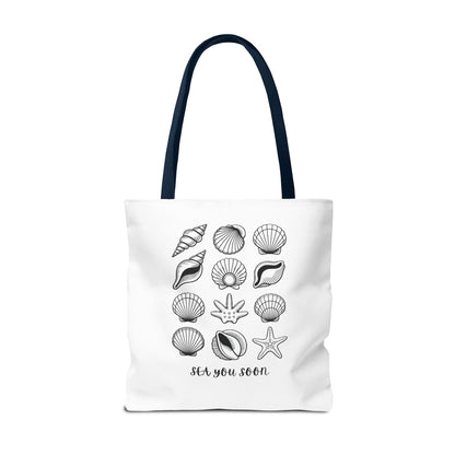Sea Shells Tote Bag showcasing a nautical theme with durable polyester fabric and reinforced stitching, perfect for beach outings. Ideal for carrying essentials, embodying FireBrook Essentials' focus on stylish, uplifting designs.