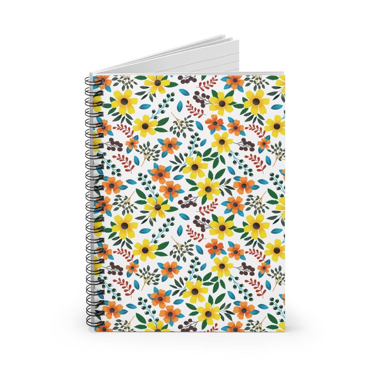Floral Spiral Notebook featuring a vibrant pattern of yellow and orange blossoms with green leaves on a white cover, slightly open to reveal blank pages, ideal for creative expression and organization.