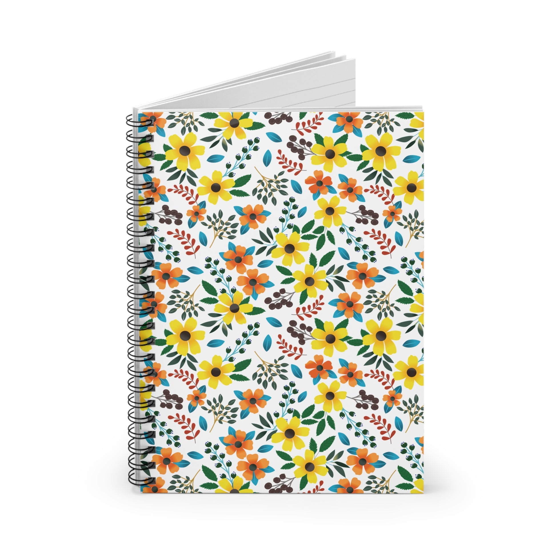 Floral Spiral Notebook featuring a vibrant pattern of yellow and orange blossoms with green leaves on a white cover, slightly open to reveal blank pages, ideal for creative expression and organization.