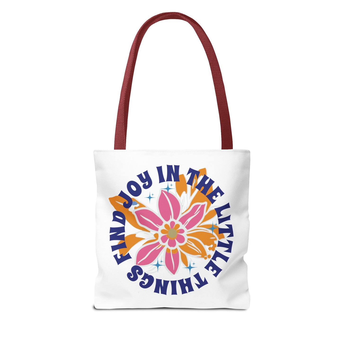 Find Joy in Little Things Tote Bag featuring a floral design and red strap, ideal for spreading positivity and versatile for everyday use.