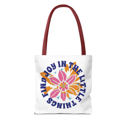 Find Joy in Little Things Tote Bag featuring a floral design and red strap, ideal for spreading positivity and versatile for everyday use.
