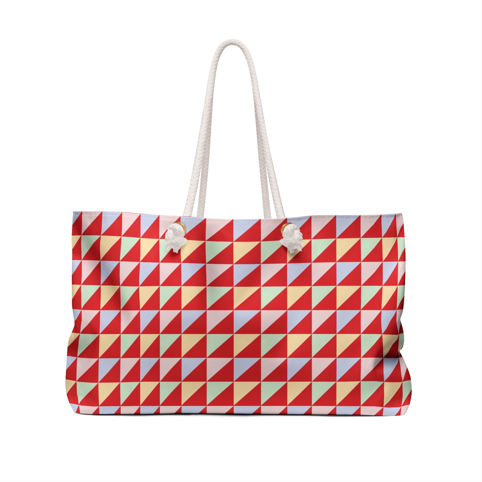 Weekender Bag - Geometric Triangles Design: A modern, stylish tote with triangle patterns, featuring white rope handles and gold grommets, ideal for weekend getaways.