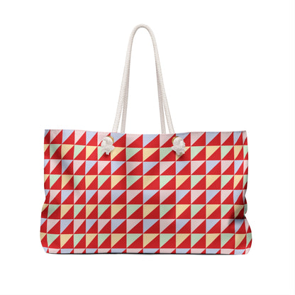 Weekender Bag - Geometric Triangles Design: A modern, stylish tote with triangle patterns, featuring white rope handles and gold grommets, ideal for weekend getaways.