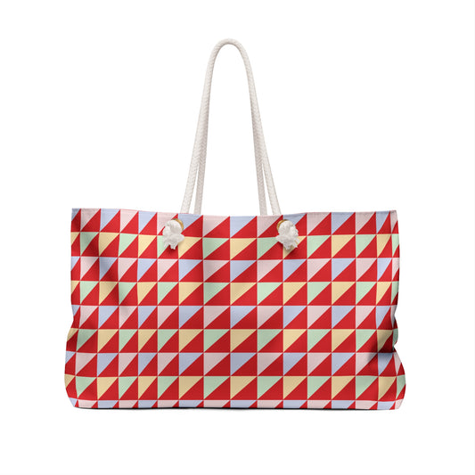 Weekender Bag - Geometric Triangles Design: A modern, stylish tote with triangle patterns, featuring white rope handles and gold grommets, ideal for weekend getaways.