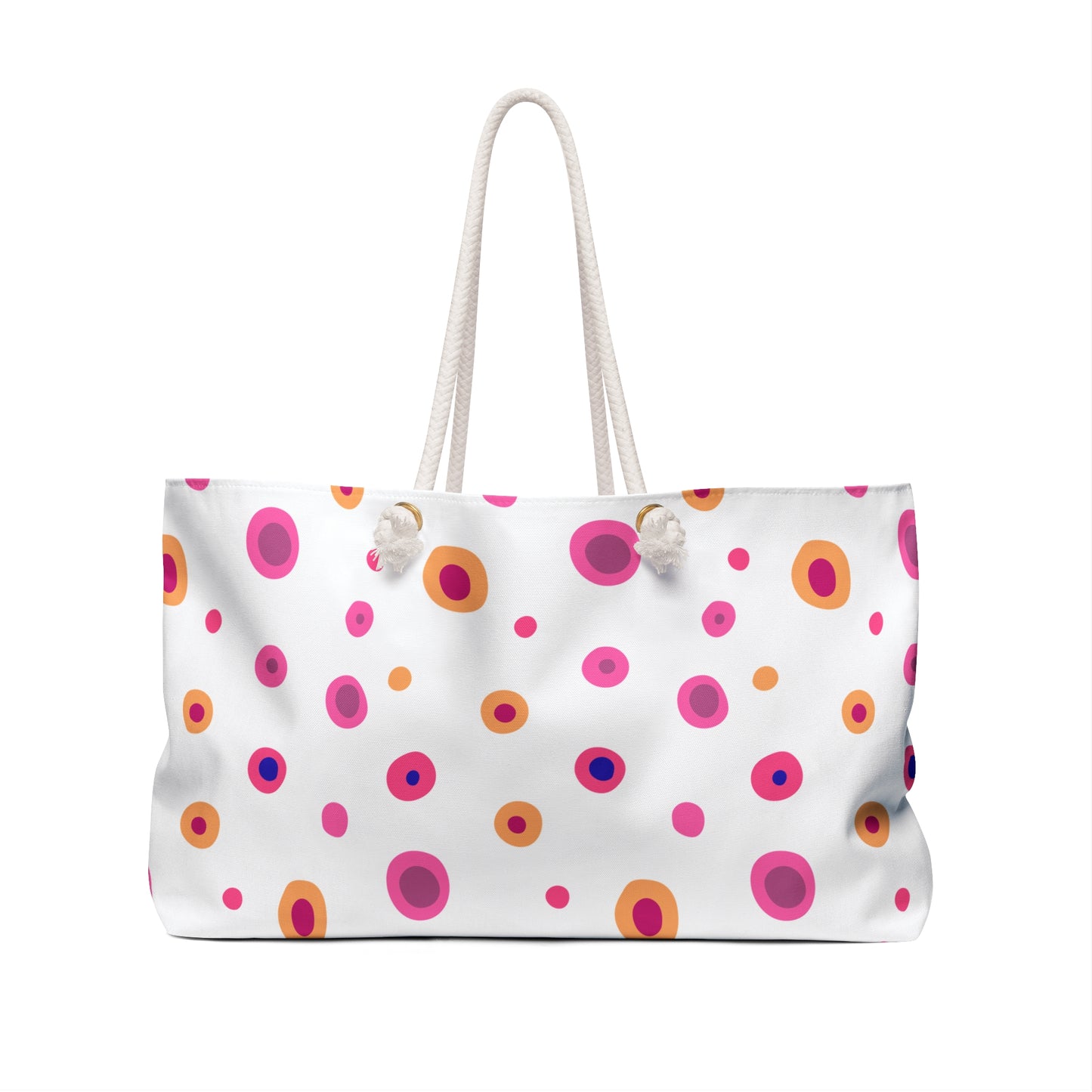 Travel Bag Yellow and Pink Circles by FireBrook Designs: A vibrant weekender bag featuring playful pink and orange circles, durable polyester material, and chic rope handles, perfect for stylish, joyful travels.