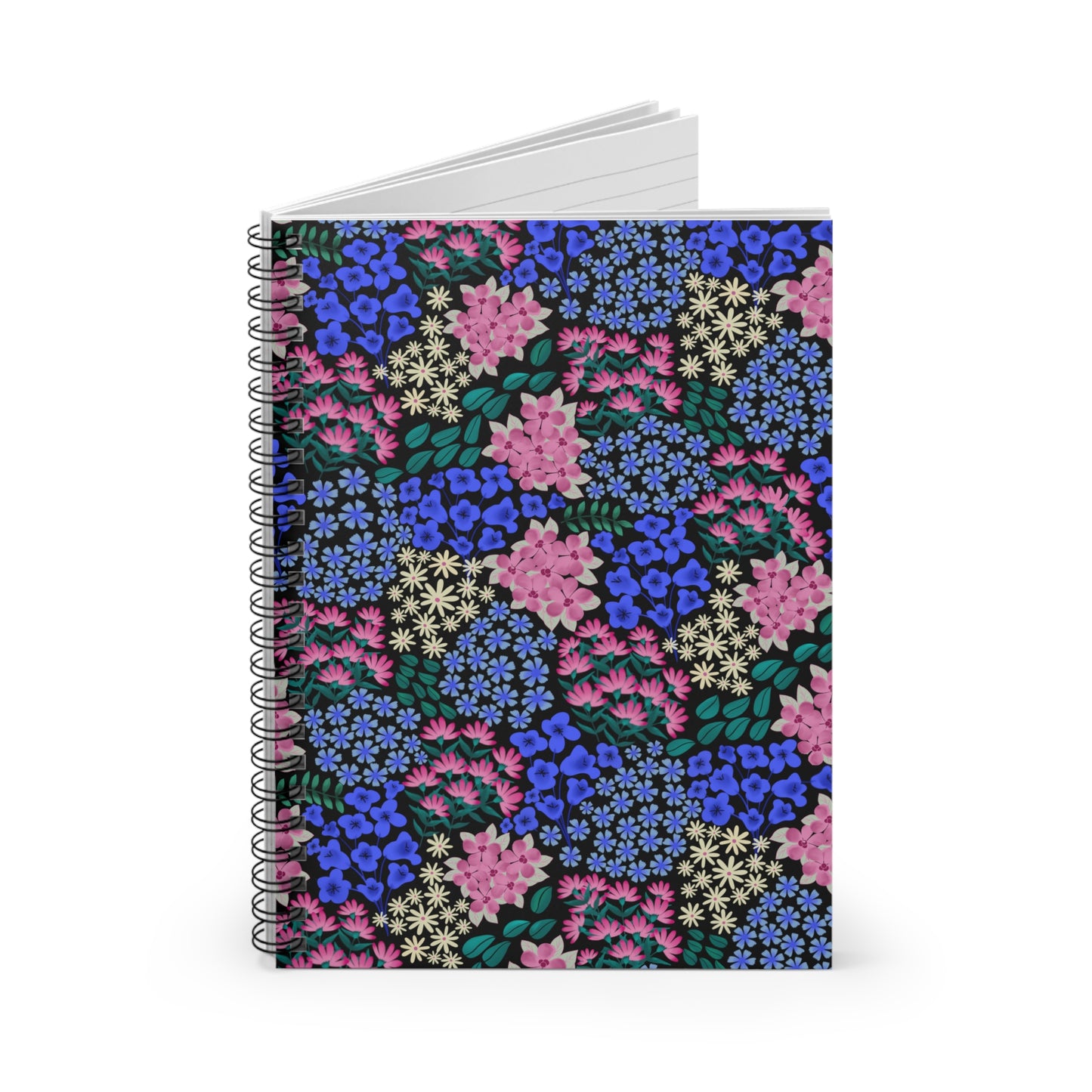 Floral Spiral Notebook with a vibrant floral print of blue, pink, and cream flowers on a dark background, featuring durable metal spiral binding and compact size, perfect for creative and organized note-taking.