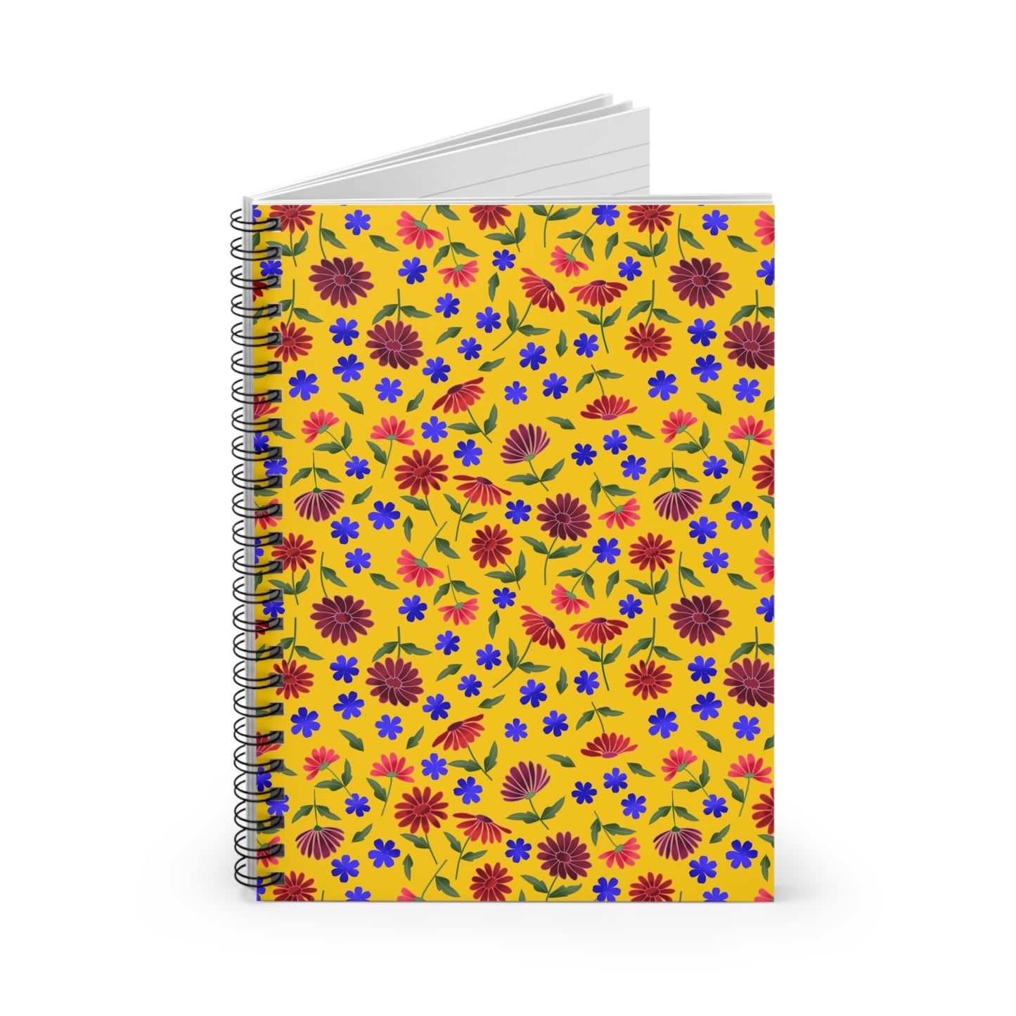 SPIRAL NOTEBOOK, DURABLE COVER, RULED, 6X8 – GOLDEN MEADOW features a bright yellow floral-patterned cover with red, maroon, and blue flowers, revealing plain white pages, designed for joyful, easy use.