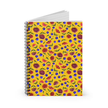 SPIRAL NOTEBOOK, DURABLE COVER, RULED, 6X8 – GOLDEN MEADOW features a bright yellow floral-patterned cover with red, maroon, and blue flowers, revealing plain white pages, designed for joyful, easy use.