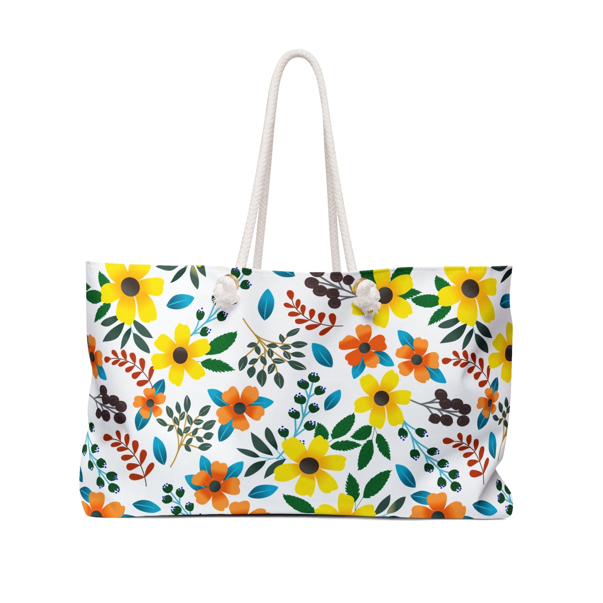 Weekender Bag with a vibrant floral pattern, featuring yellow and orange flowers, teal accents, and rope handles, ideal for stylish travel.